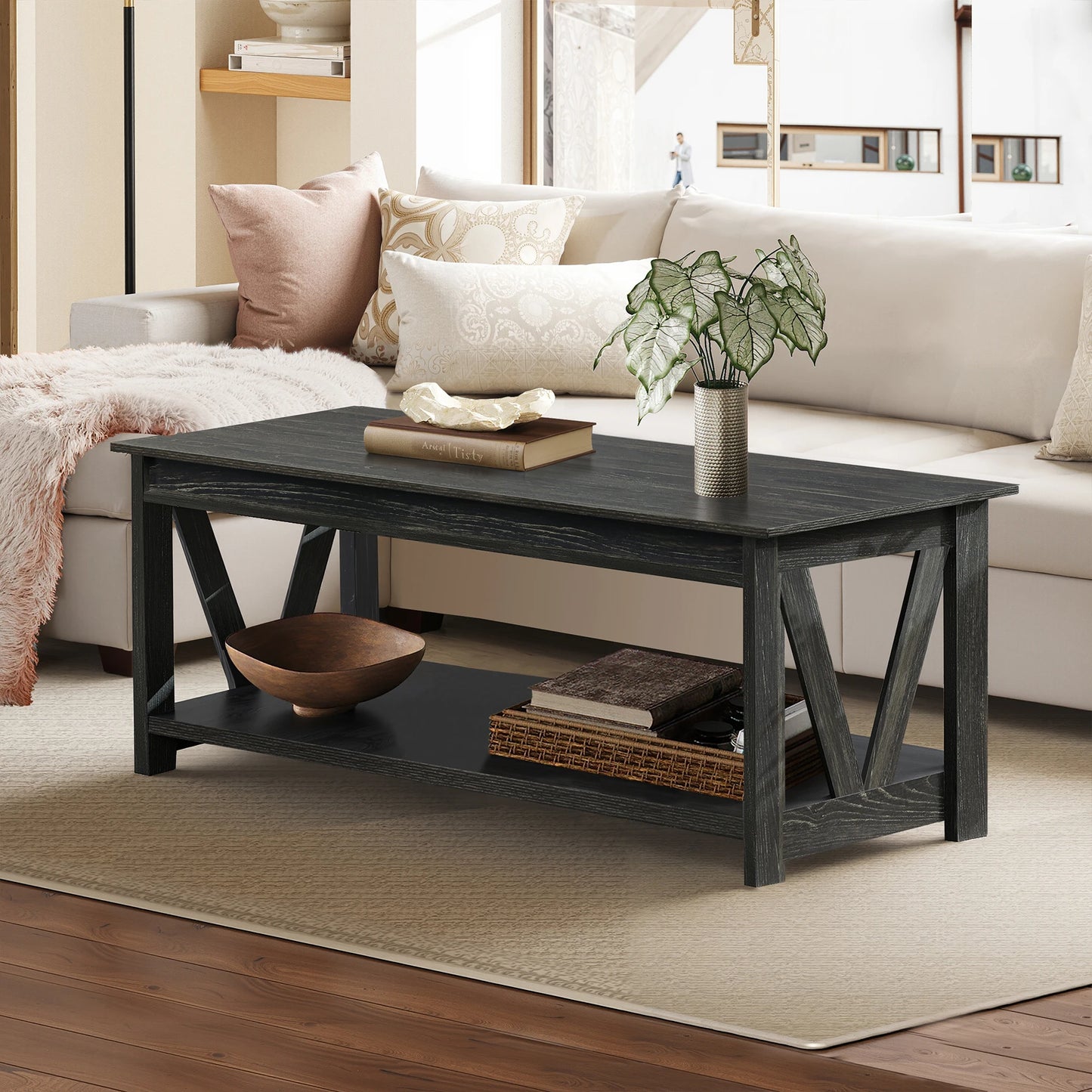 GALAXHERO Coffee Table With Storage Shelf V Shaped Support