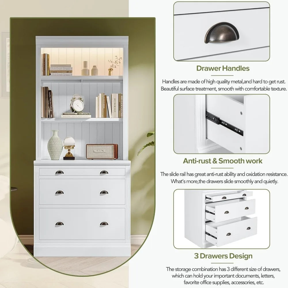 Modern Tall Bookcase With LED Lighting Drawers Shelves