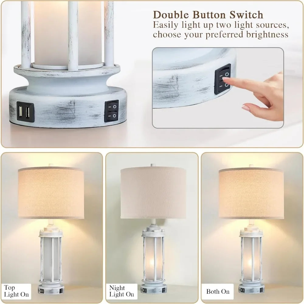 XMSJ Rustic Table Lamps Set 2 USB Ports Farmhouse Style