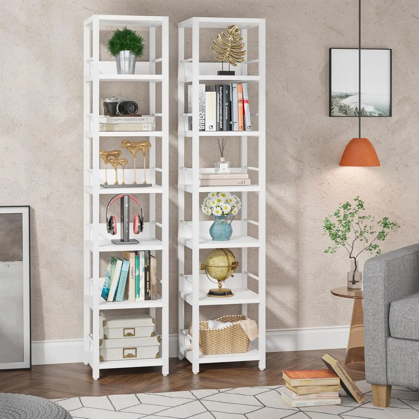 Little Tree Rustic Six Tier Corner Bookshelf Storage Rack