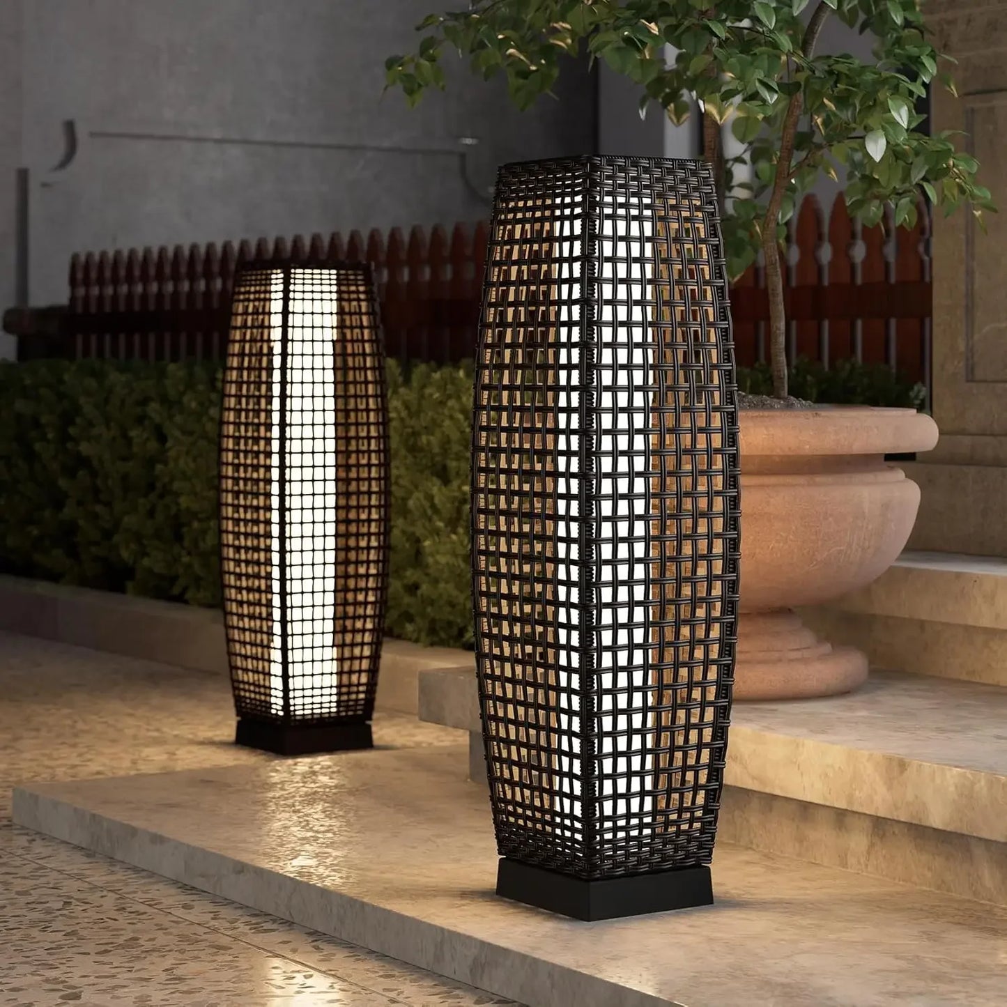 Cindy Outdoor Solar Powered Woven Wicker Lantern Floor Lamp