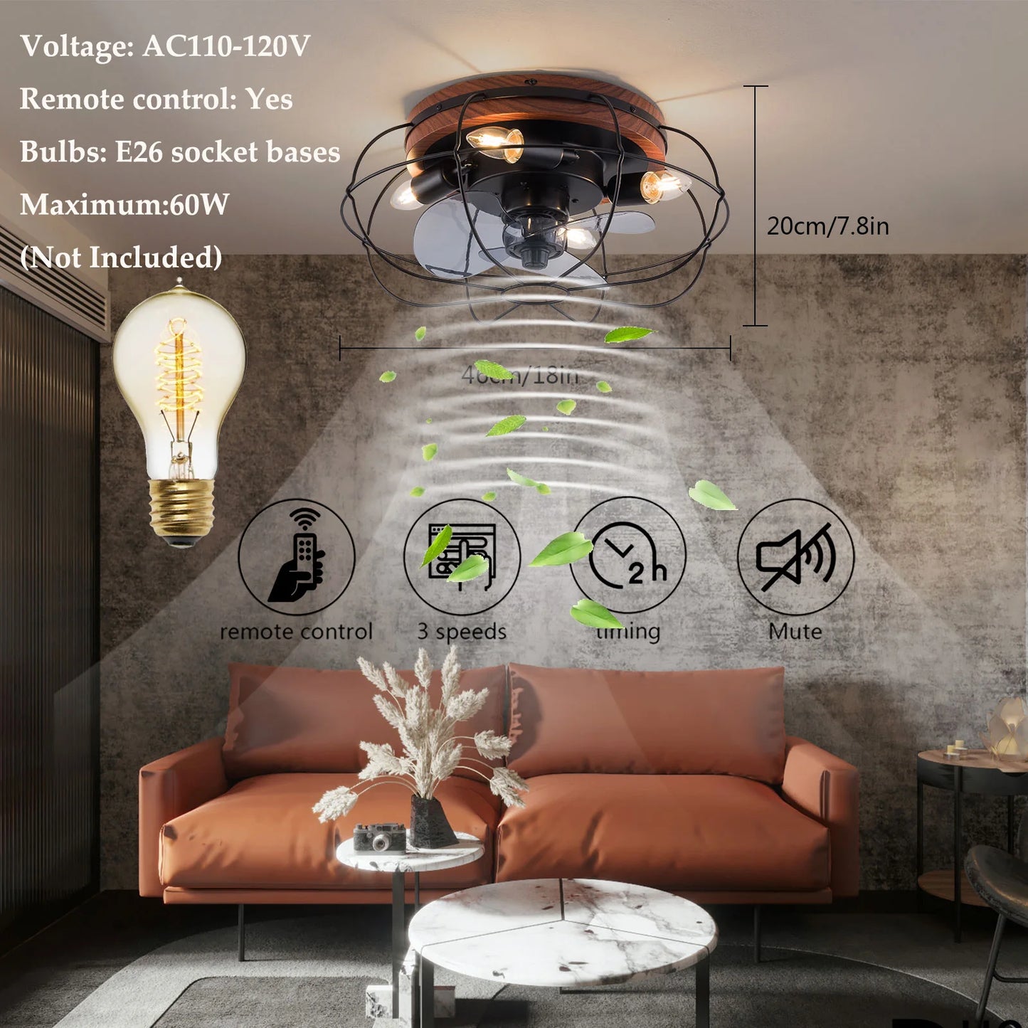 Vintage Caged Industrial Ceiling Fan Light With Remote Control