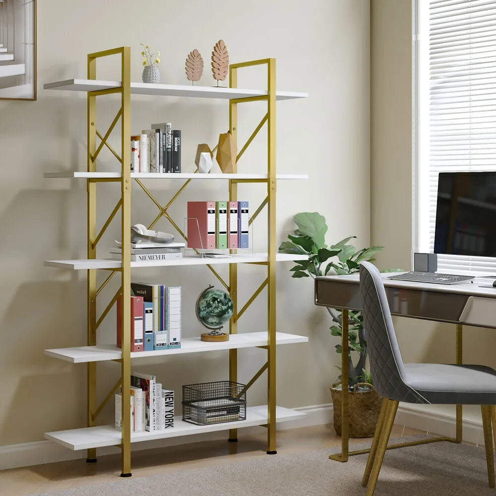 5-Tier Open Bookshelf Etagere Modern MDF Metal Storage Rack