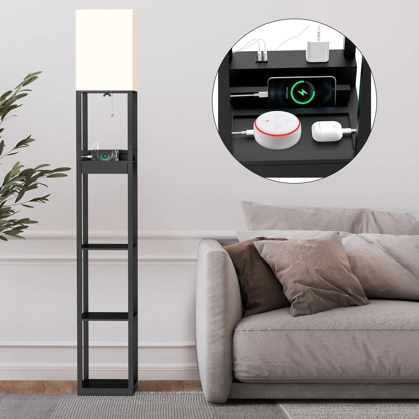 Hign Concerned Floor Lamp With Shelves USB Ports Drawer