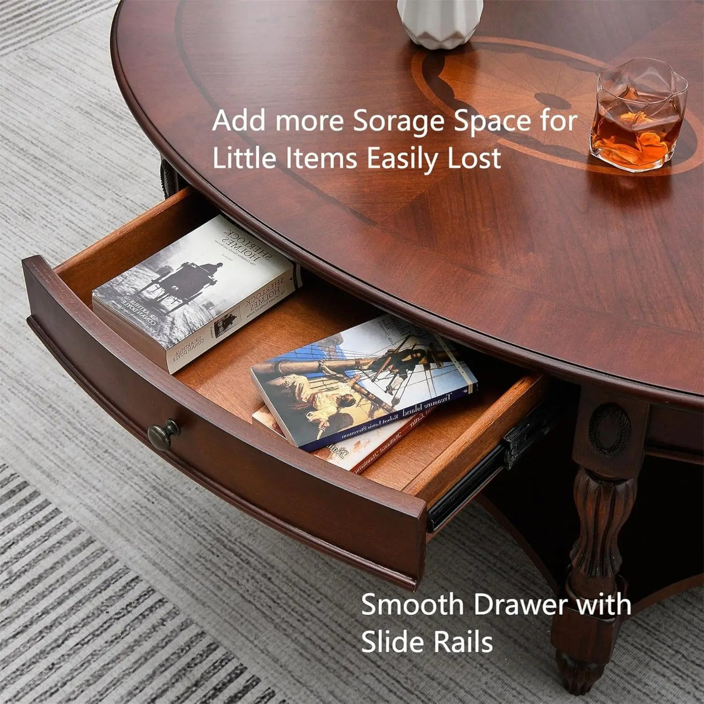XMSJ Oval Coffee Table Cherry Solid Wood With Storage Drawer