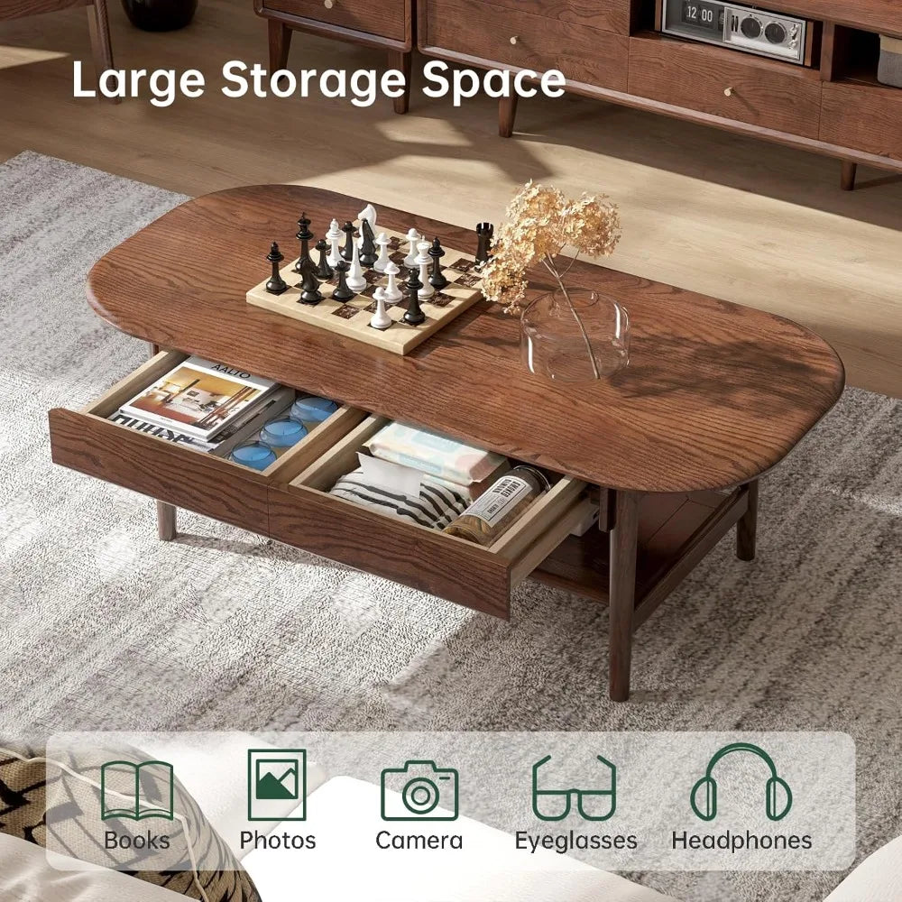 DAFIFY Oak Wood Coffee Table With 2 Drawers And Shelf