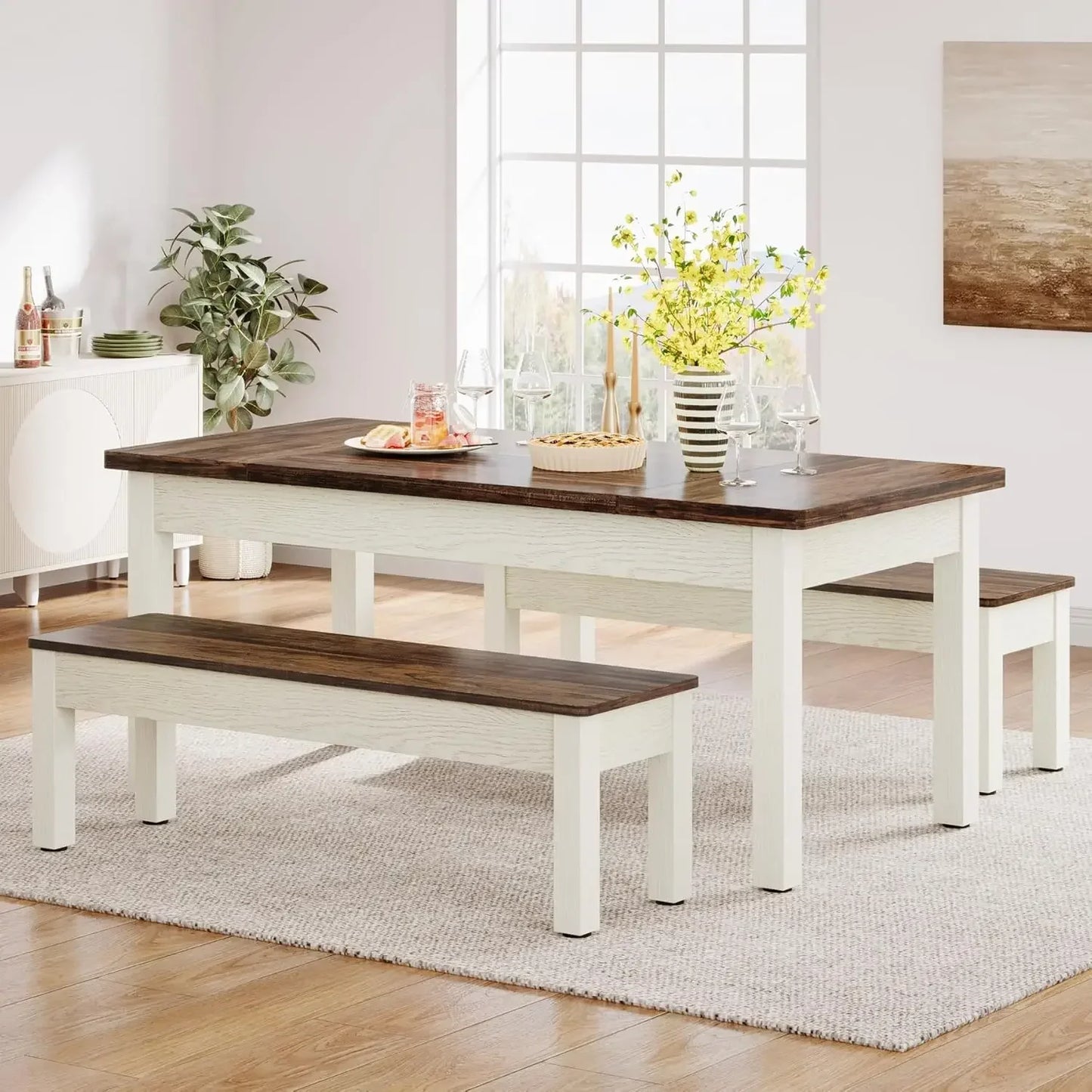LITTLE TREE Farmhouse Dining Table Set With Benches