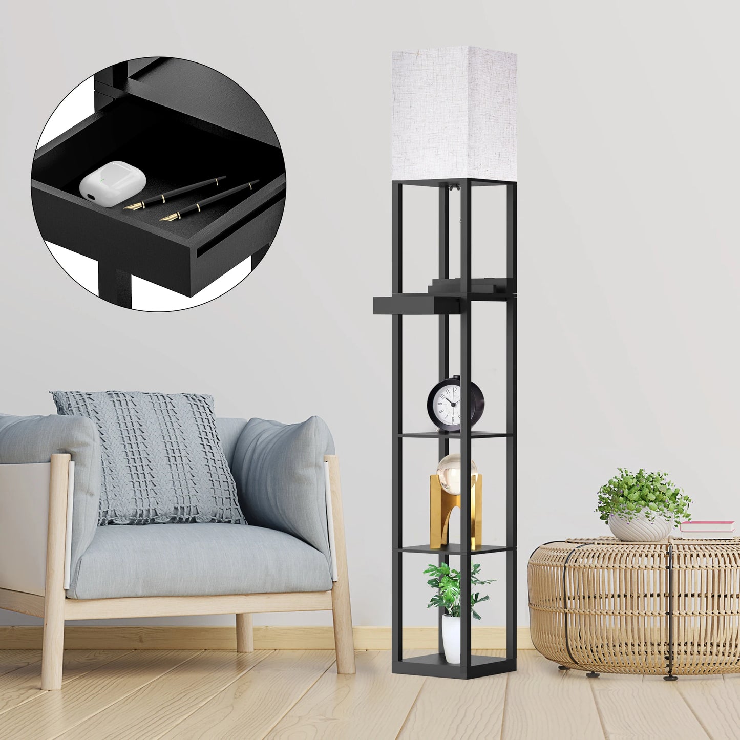 Hign Concerned Floor Lamp With Shelves USB Ports Drawer