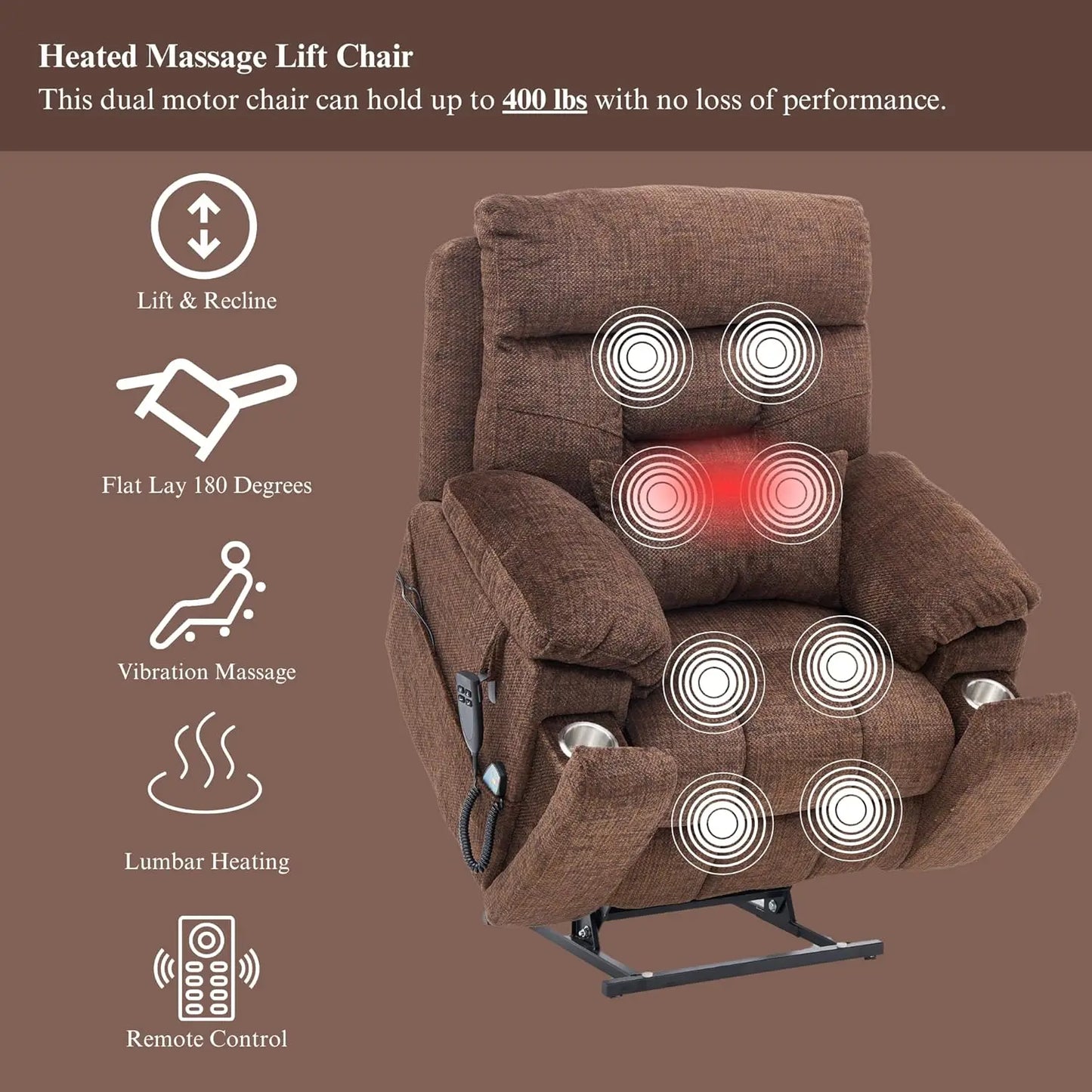 Oversized Power Lift Recliner With Heat Massage Cupholders