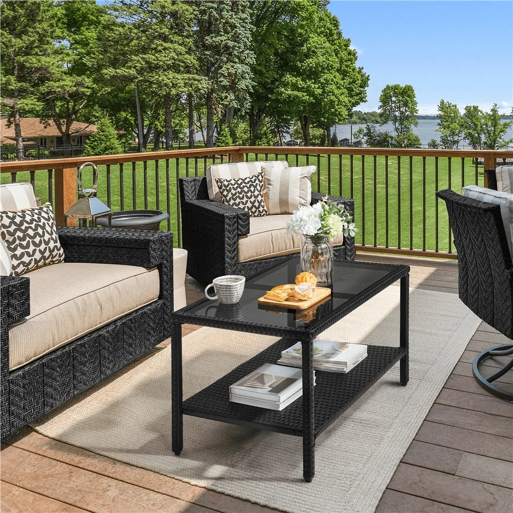 Folded Wicker Coffee Table With Tempered Glass Top Outdoor