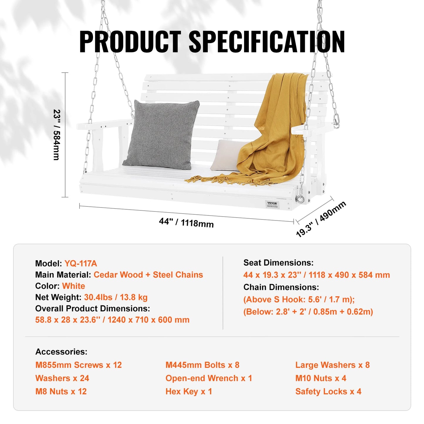 SucceBuy Wooden Porch Swing Outdoor Patio Bench For Courtyard