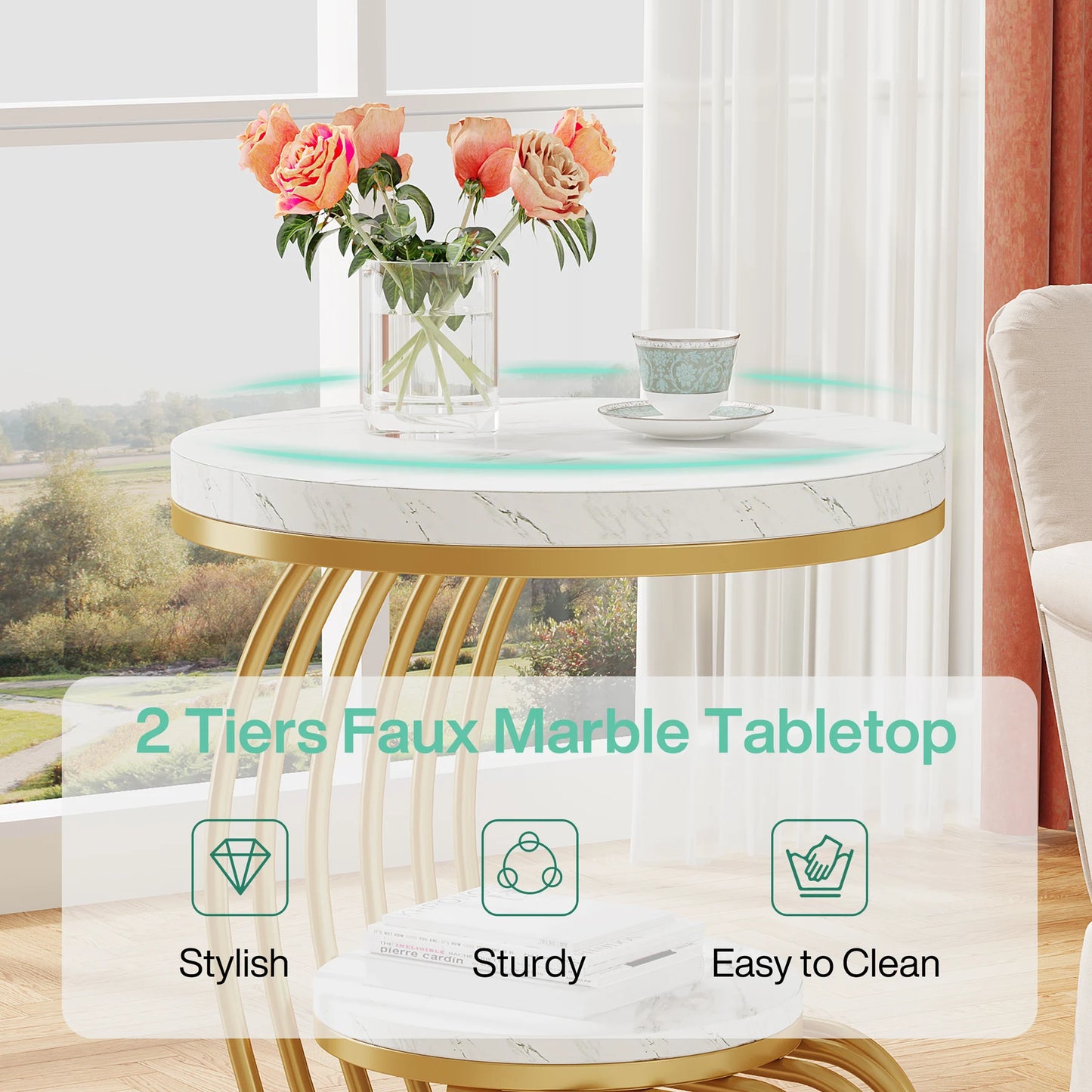 Tribesigns Gold Round End Table 2 Tiers Faux Marble