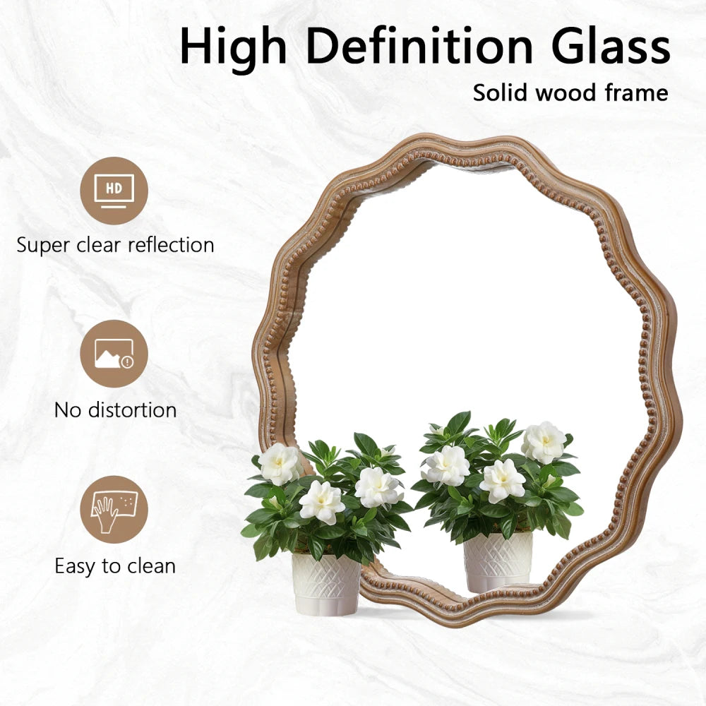 Wavy Scalloped Edge Round Wood Wall Mirror