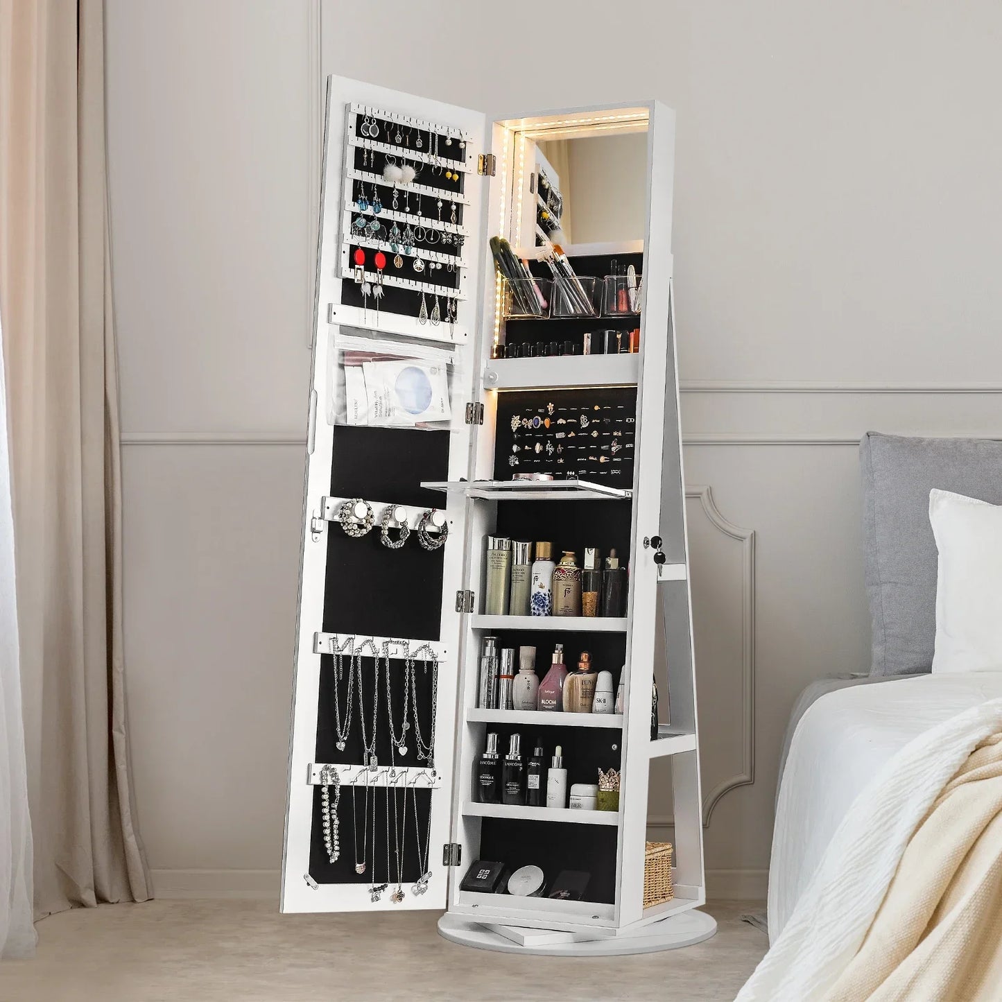 Jewelry Armoire With Mirror Lockable Organizer Shelves