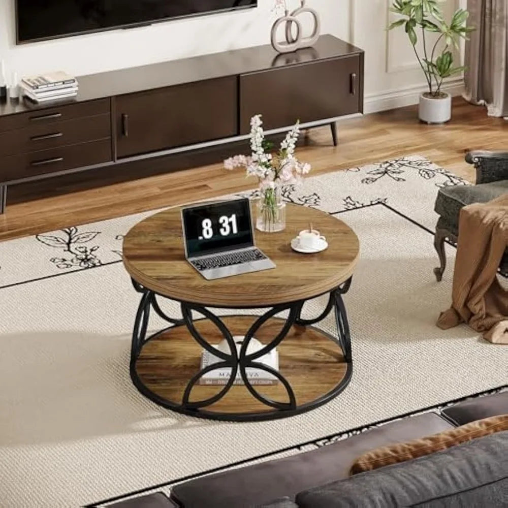 ANGDUO Round Coffee Table With Storage 2 Tier Center Table