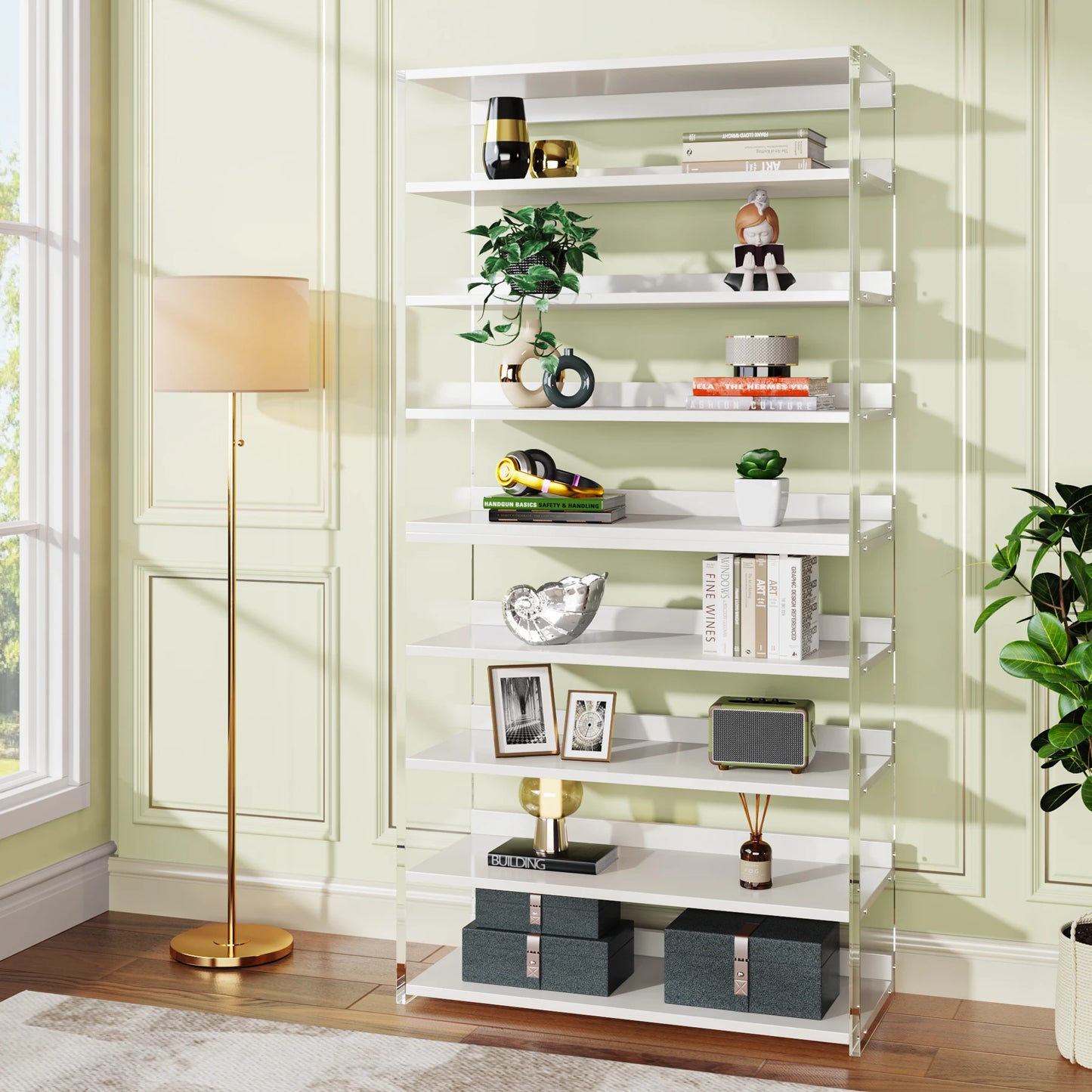 Tribesigns Acrylic Bookshelf With Wood Shelves Display