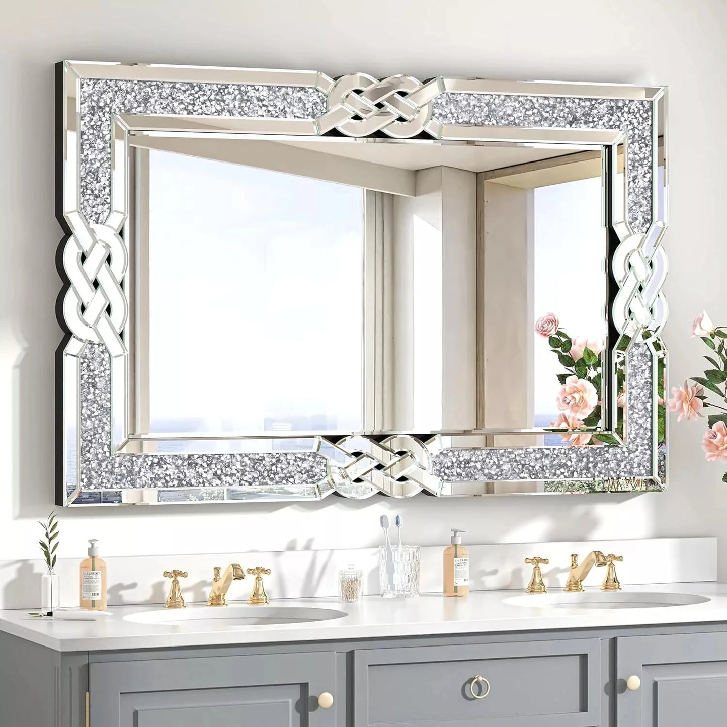Wisfor Crushed Diamond Wall Mirror Crystal Frame Edge Glam