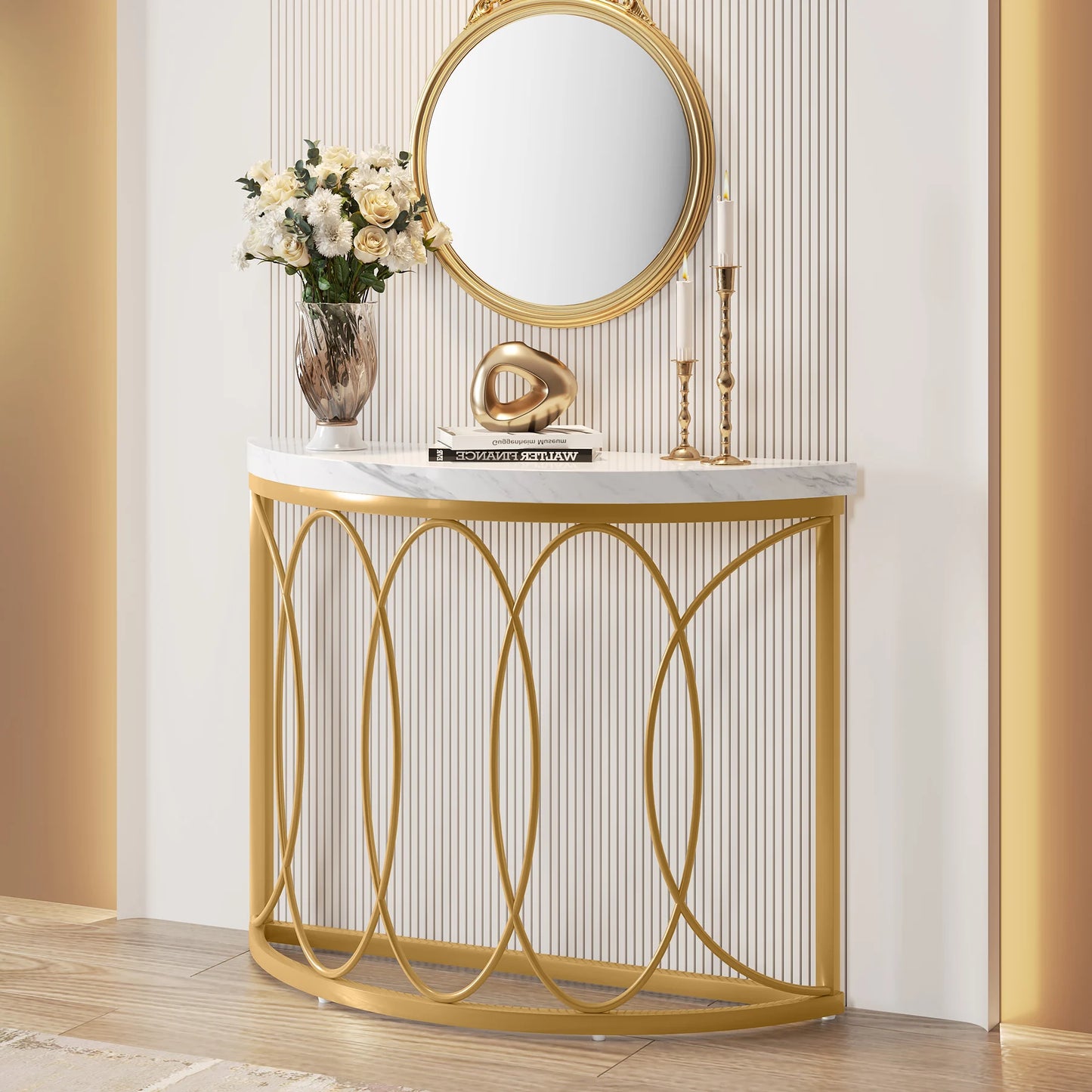 Tribesigns Half Moon Console Table With Geometric Metal Frame