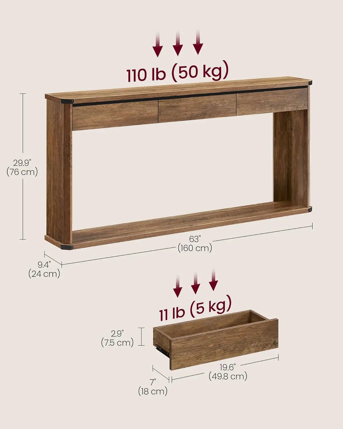 XMSJ Console Table With 3 Drawers And Bottom Shelf Unit