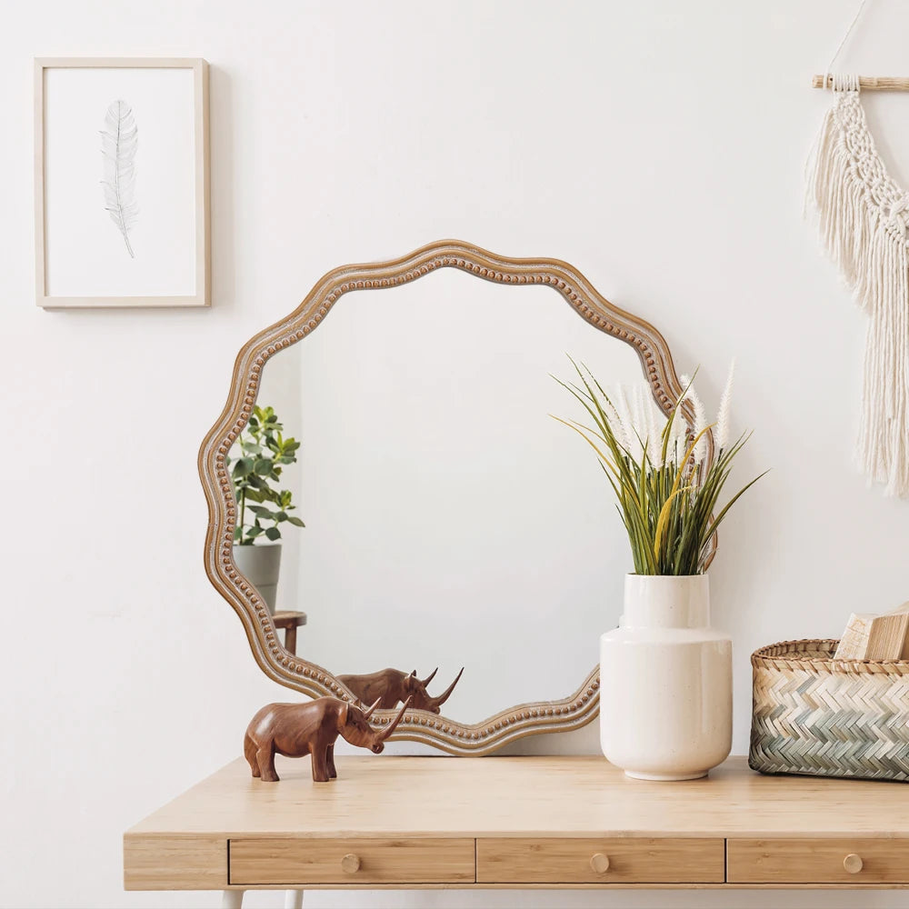 Wavy Scalloped Edge Round Wood Wall Mirror