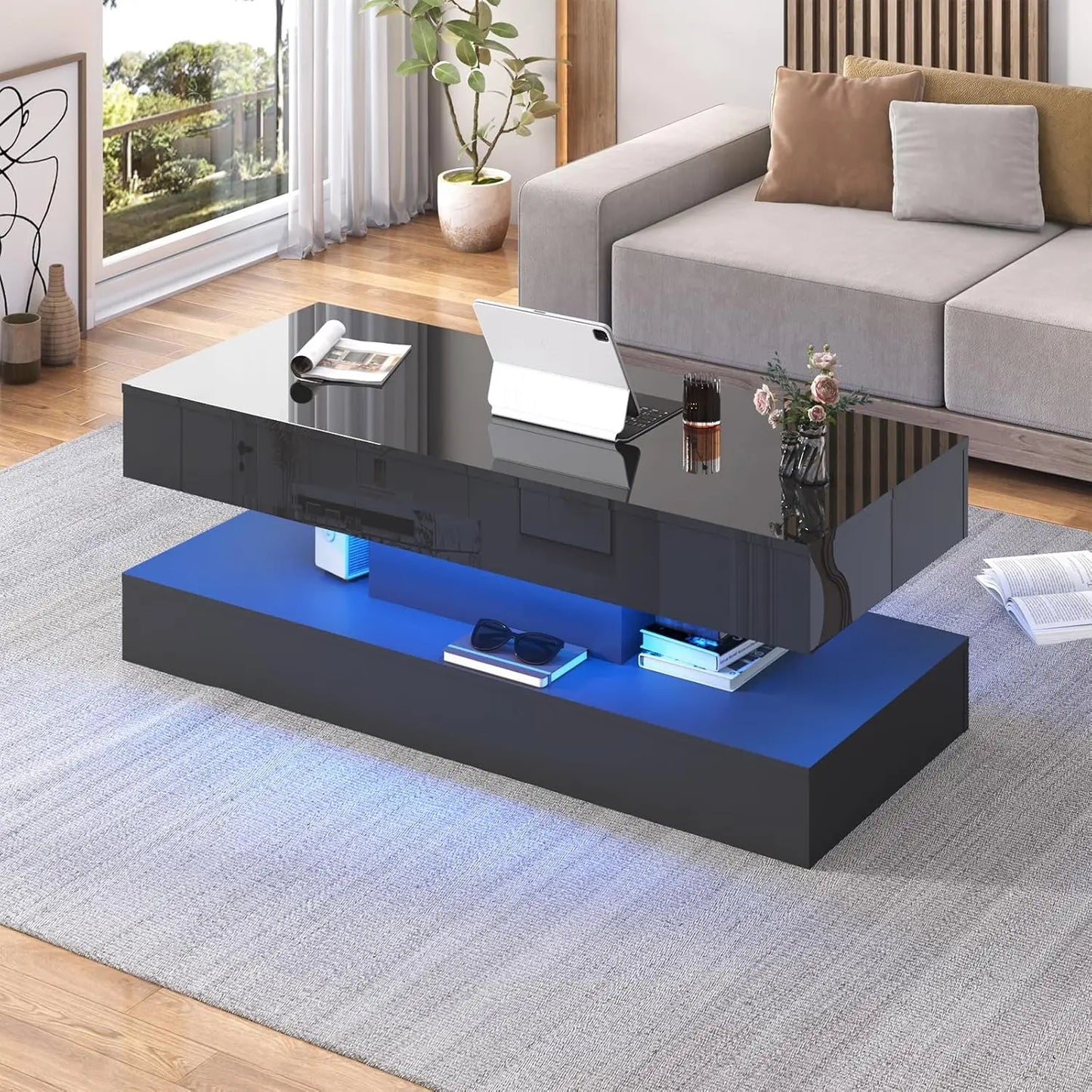 QiaoShiRen Modern LED Coffee Table Double Storage Drawers