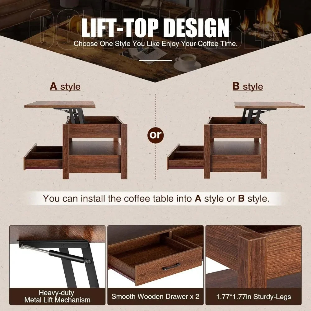 Guangbai Lift Top Coffee Table With Drawers And Hidden