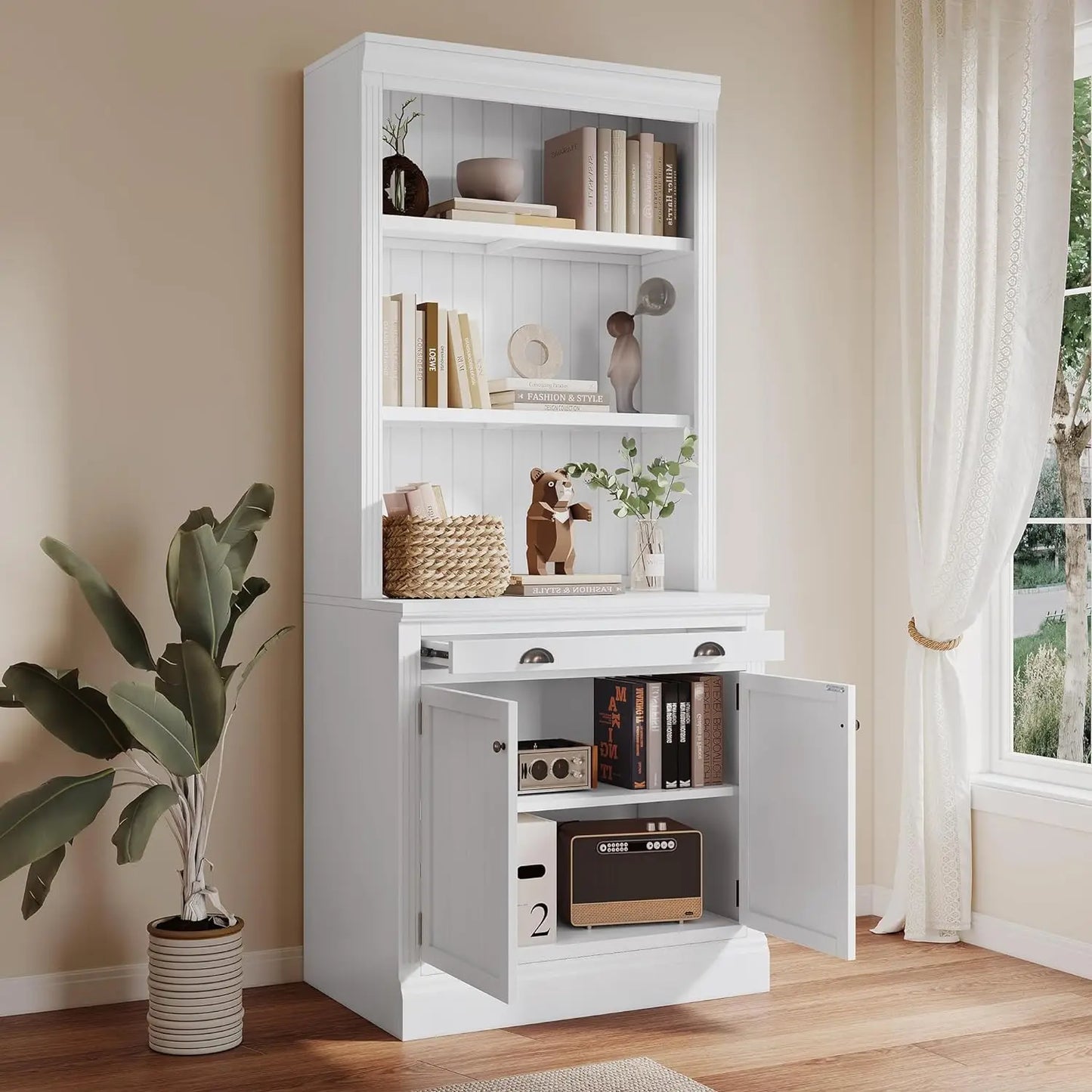 Modern Tall Bookcase With LED Lighting Drawers Shelves