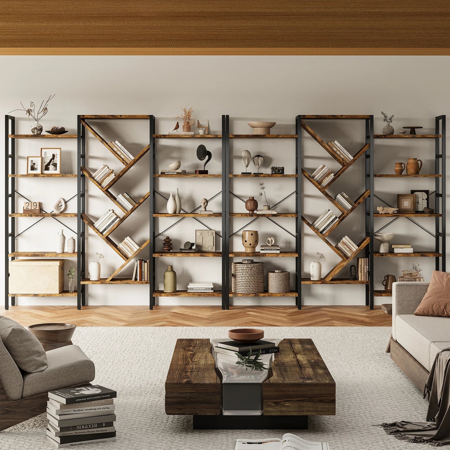 Finishes 5 Tier Triple Bookshelf Modern Tree Wood Bookcase