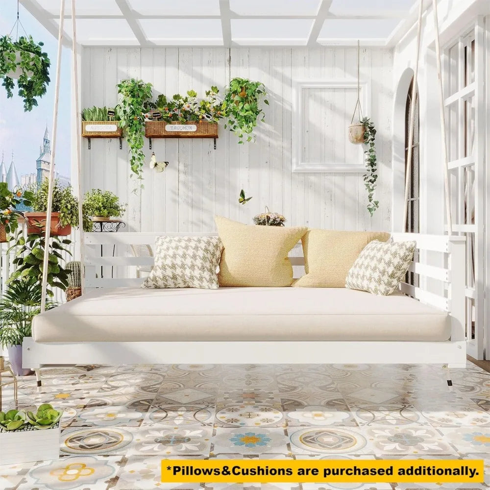MKDK Acacia Wood Hanging Porch Swing Bed With Hemp Rope