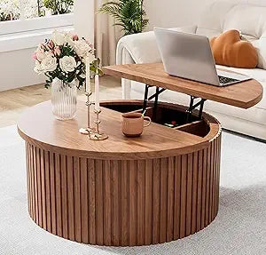 Farmhouse Round Fluted Lift Top Coffee Table With Storage