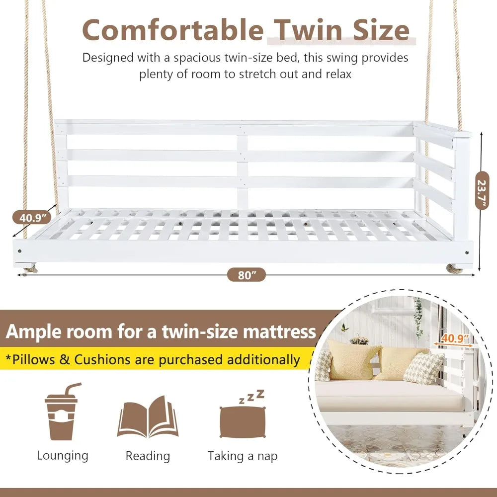 MKDK Acacia Wood Hanging Porch Swing Bed With Hemp Rope