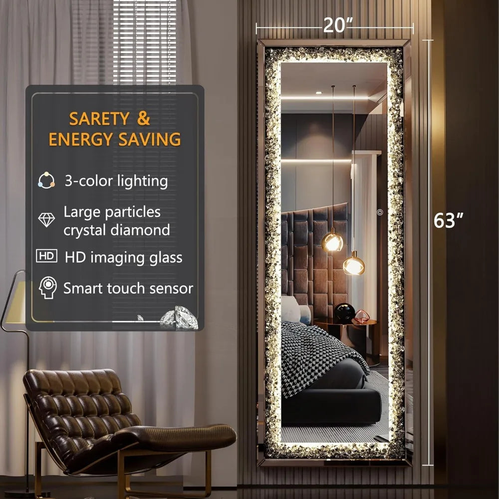 XMSJH Full Length Lighted Crystal Diamond Wall Leaning Mirror