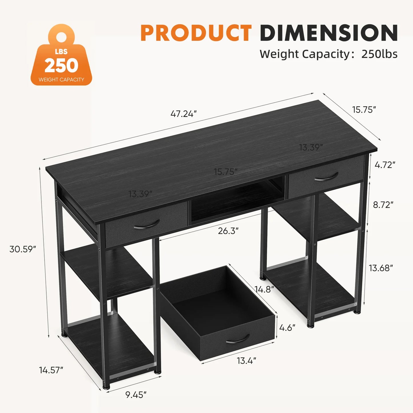 JHK Double Deck Office Desk With Fabric Storage Drawers