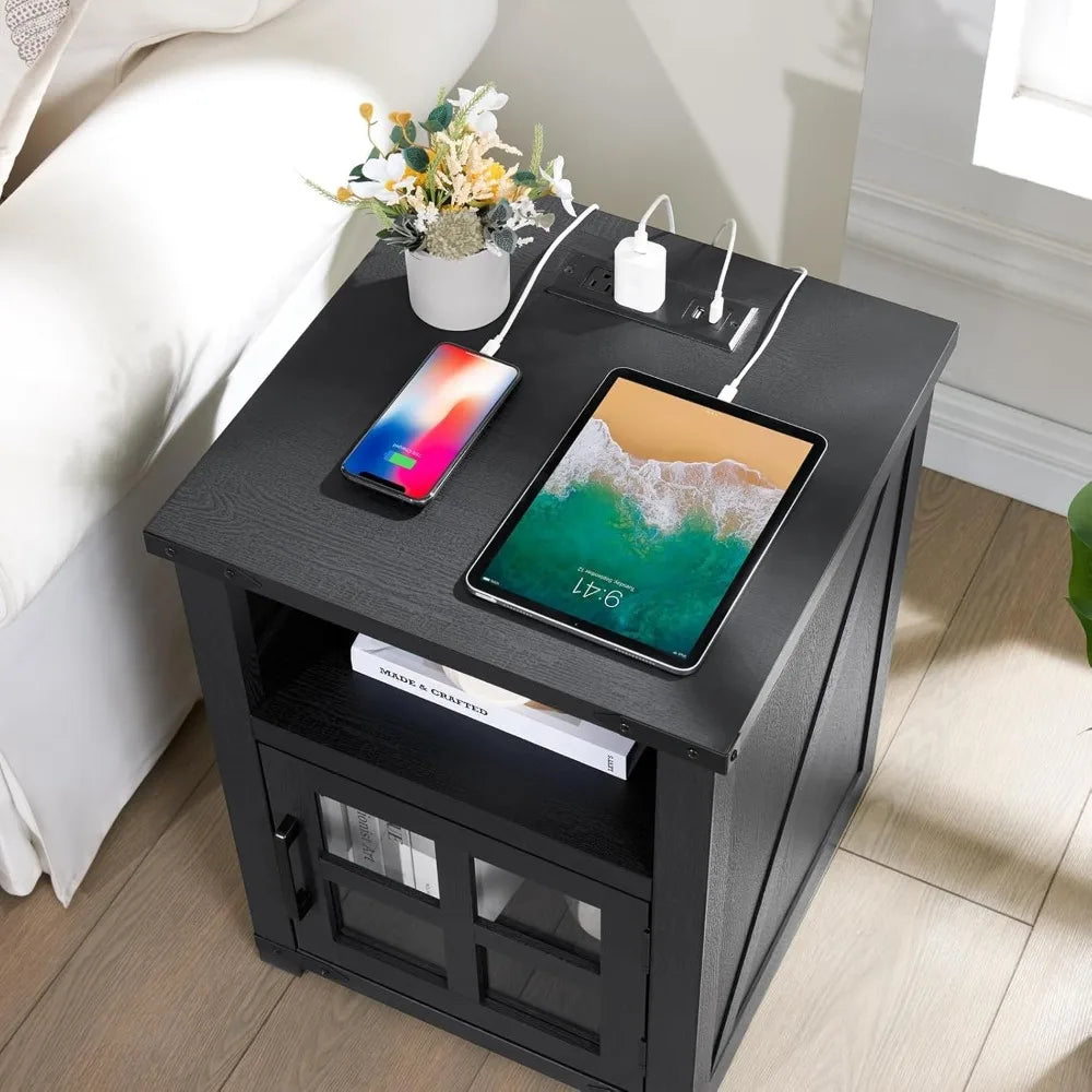 MKDK Farmhouse Nightstand With Charging Station Rustic