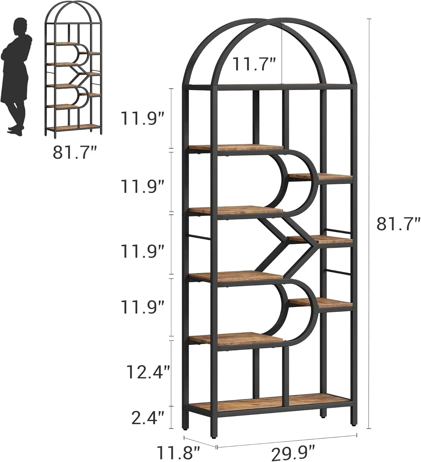 6 Tier Arched Bookshelf Geometric Open Storage Metal Frame
