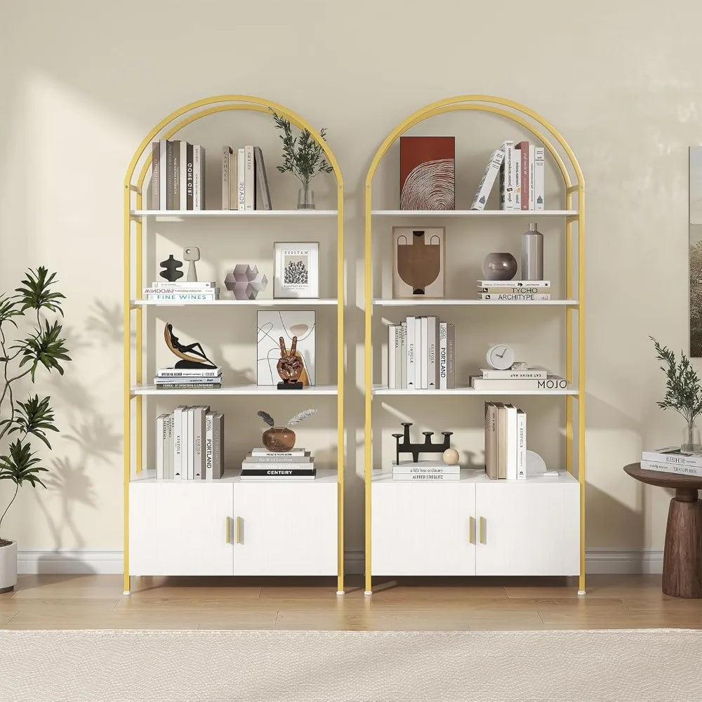 TANGXU Arched Bookshelf With Doors Metal Frame Shelving