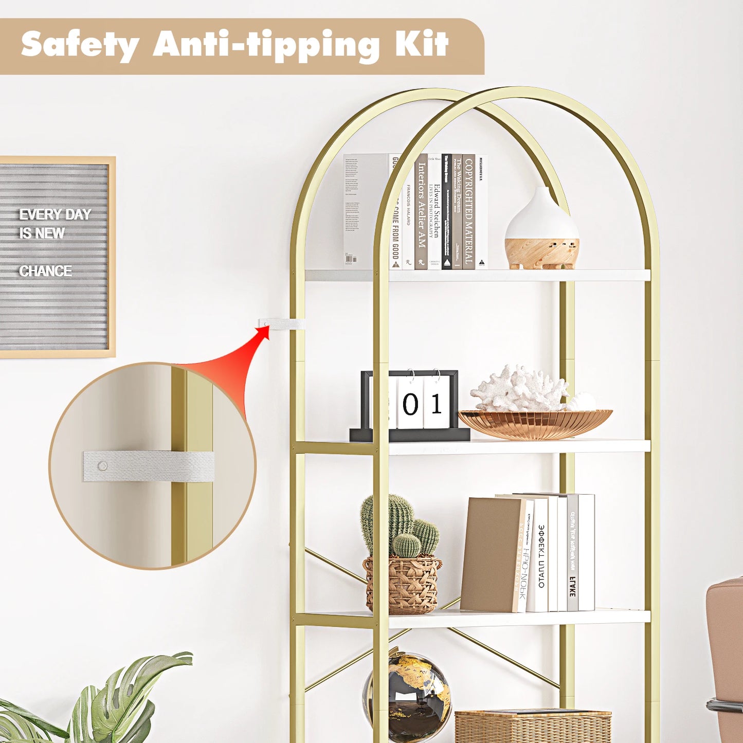 HiMISS 5 Tier Arched Bookshelf Modern Tall Metal Frame