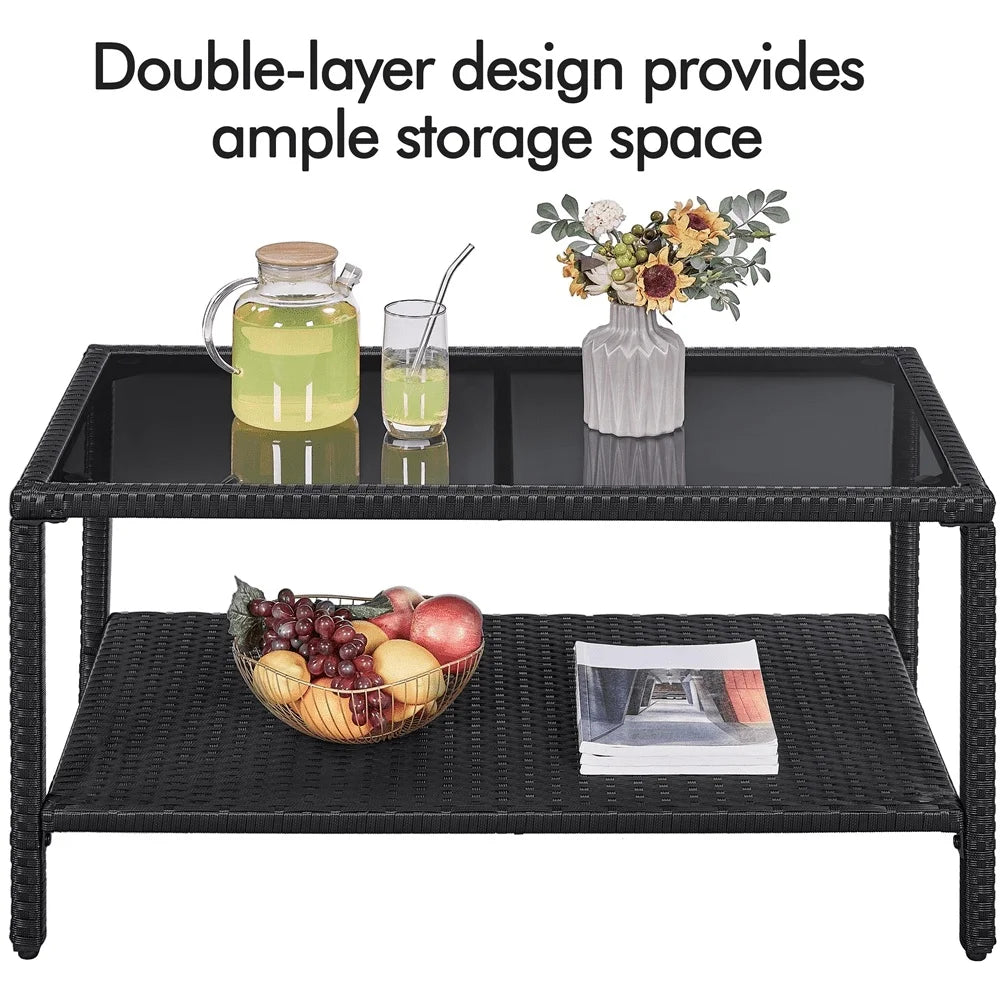 Folded Wicker Coffee Table With Tempered Glass Top Outdoor