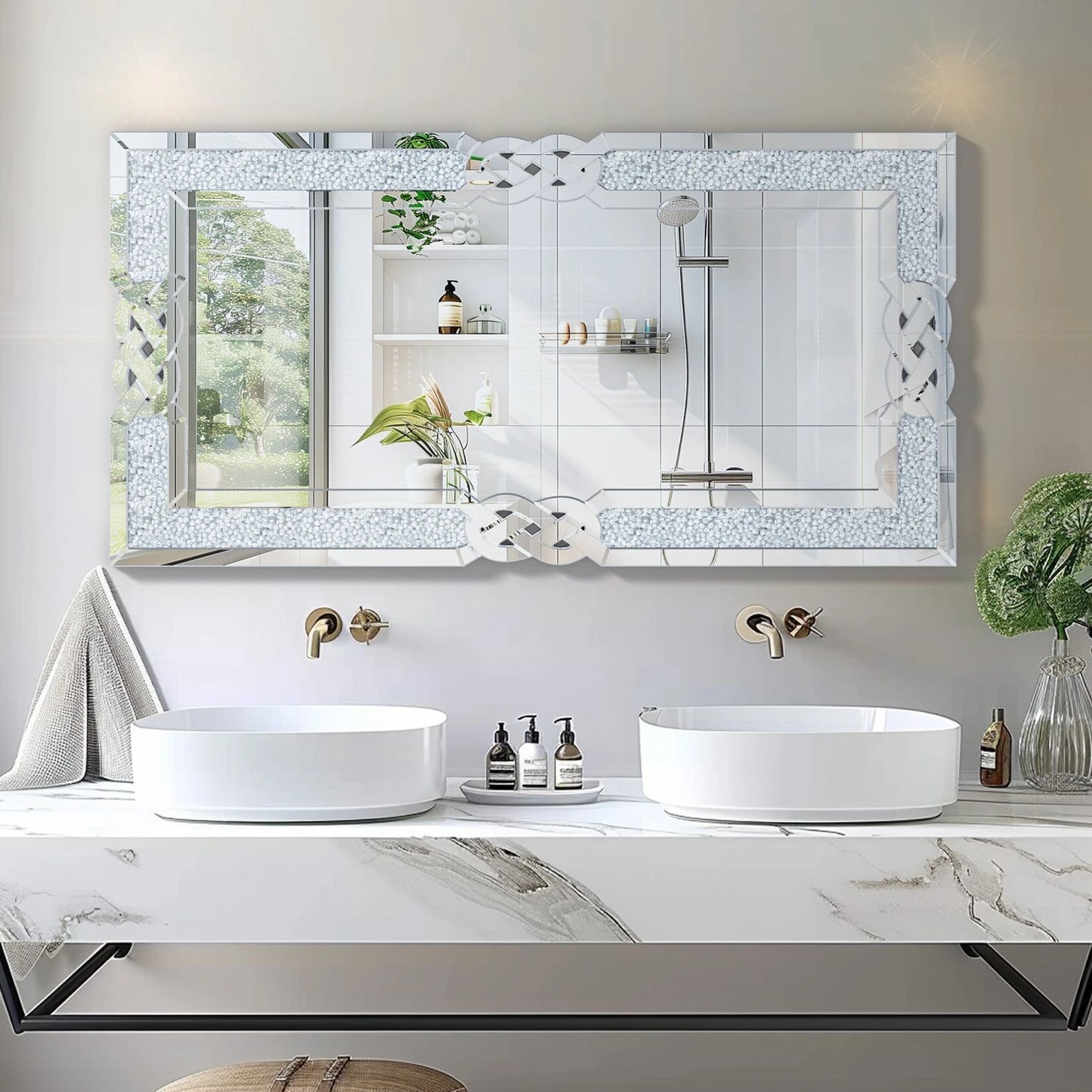 Wisfor Crushed Diamond Wall Mirror Crystal Frame Edge Glam