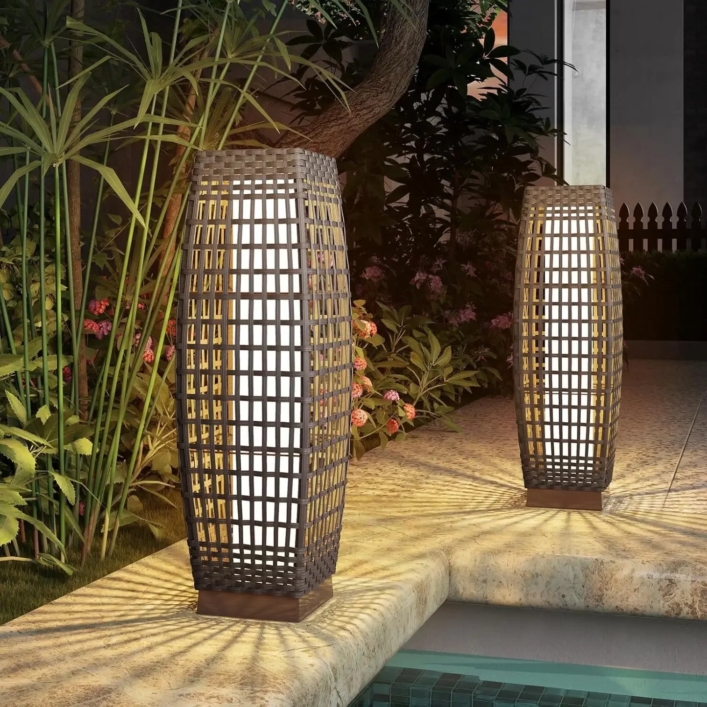 Cindy Outdoor Solar Powered Woven Wicker Lantern Floor Lamp