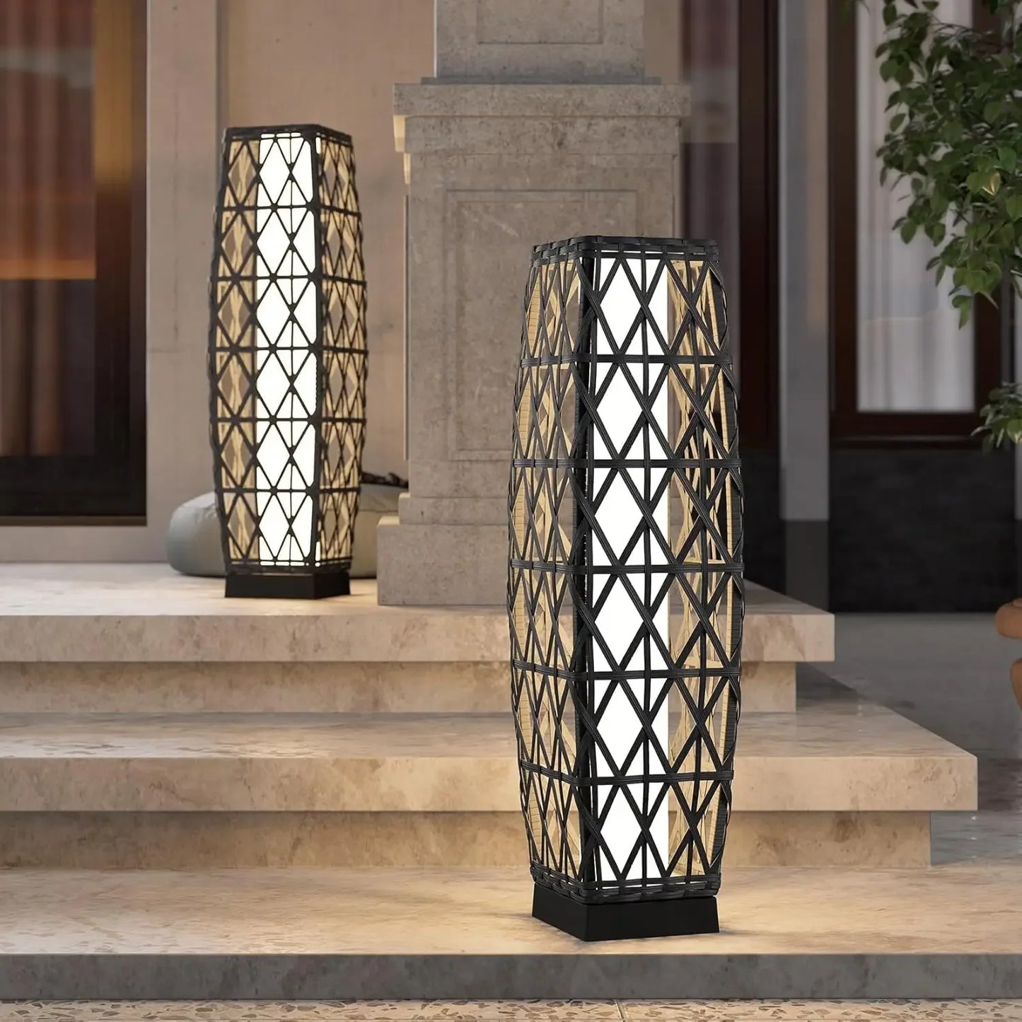 Cindy Outdoor Solar Powered Woven Wicker Lantern Floor Lamp
