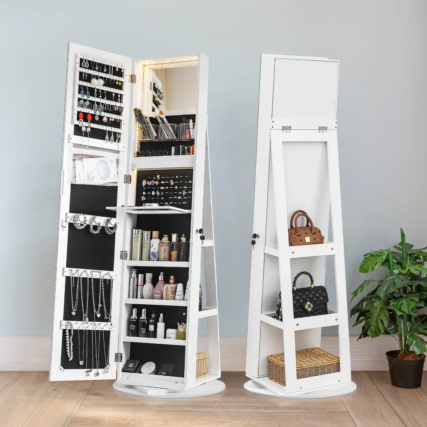Jewelry Armoire With Mirror Lockable Organizer Shelves