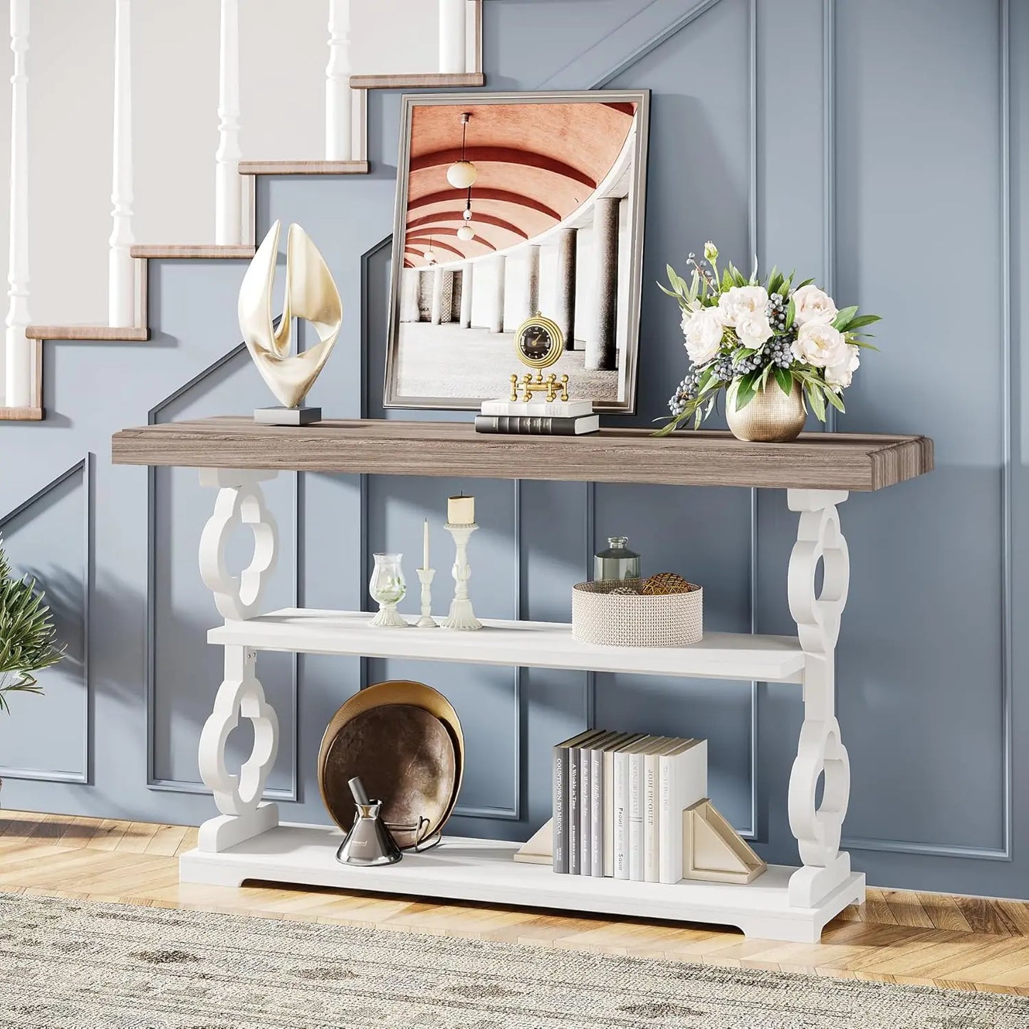 LITTLE TREE Farmhouse Console Table With Storage Shelves
