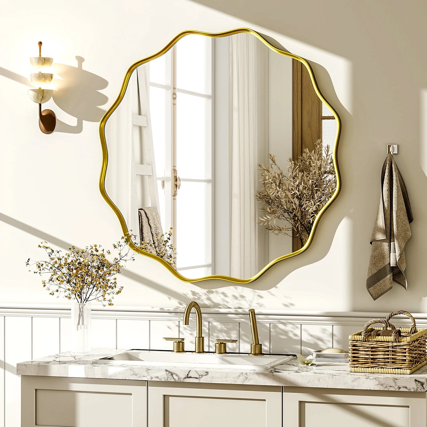 BEAUTYPEAK Wavy Round Bathroom Mirror With Deep Frame