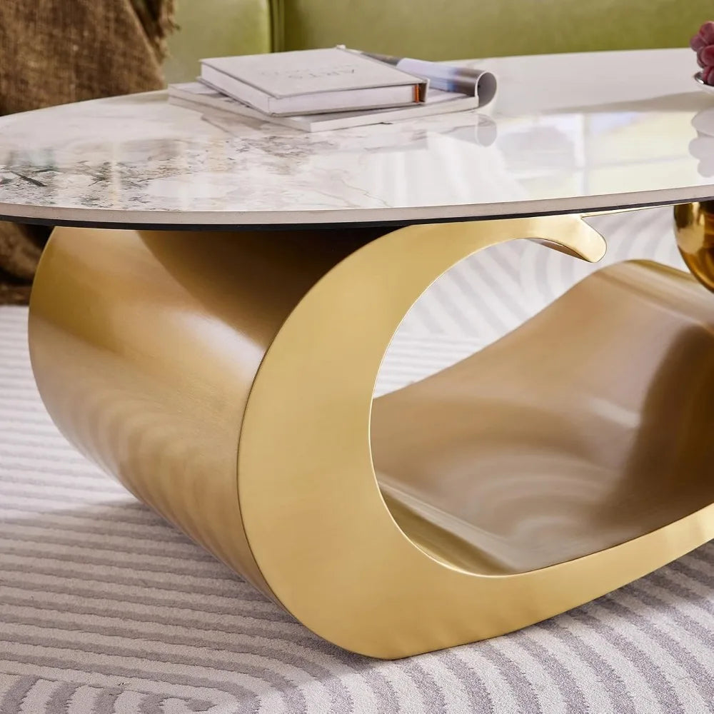 General Use Faux Marble Coffee Table With Metal Base