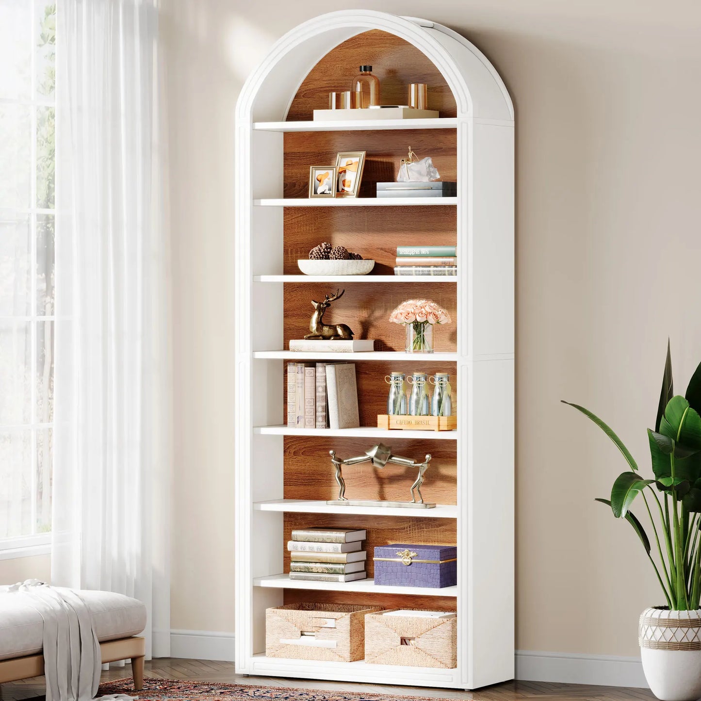 Tribesigns Bookcase With LED Light And Doors Drawers