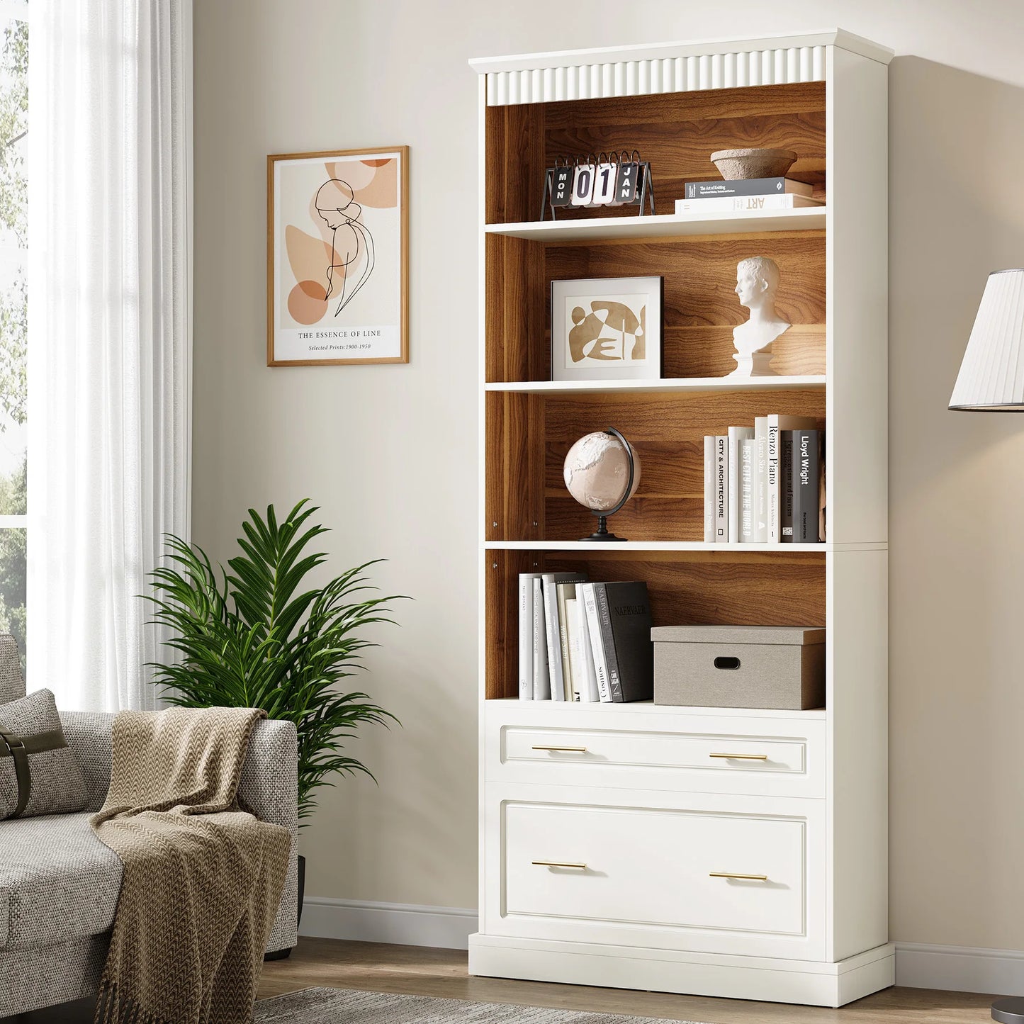 Tribesigns Bookcase With LED Light And Doors Drawers