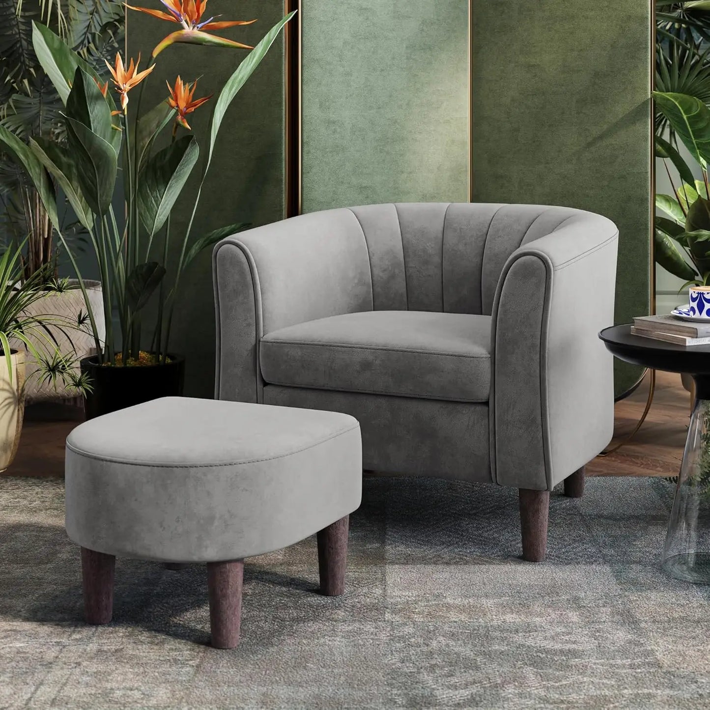 Mid Century Modern Chenille Barrel Chair With Ottoman