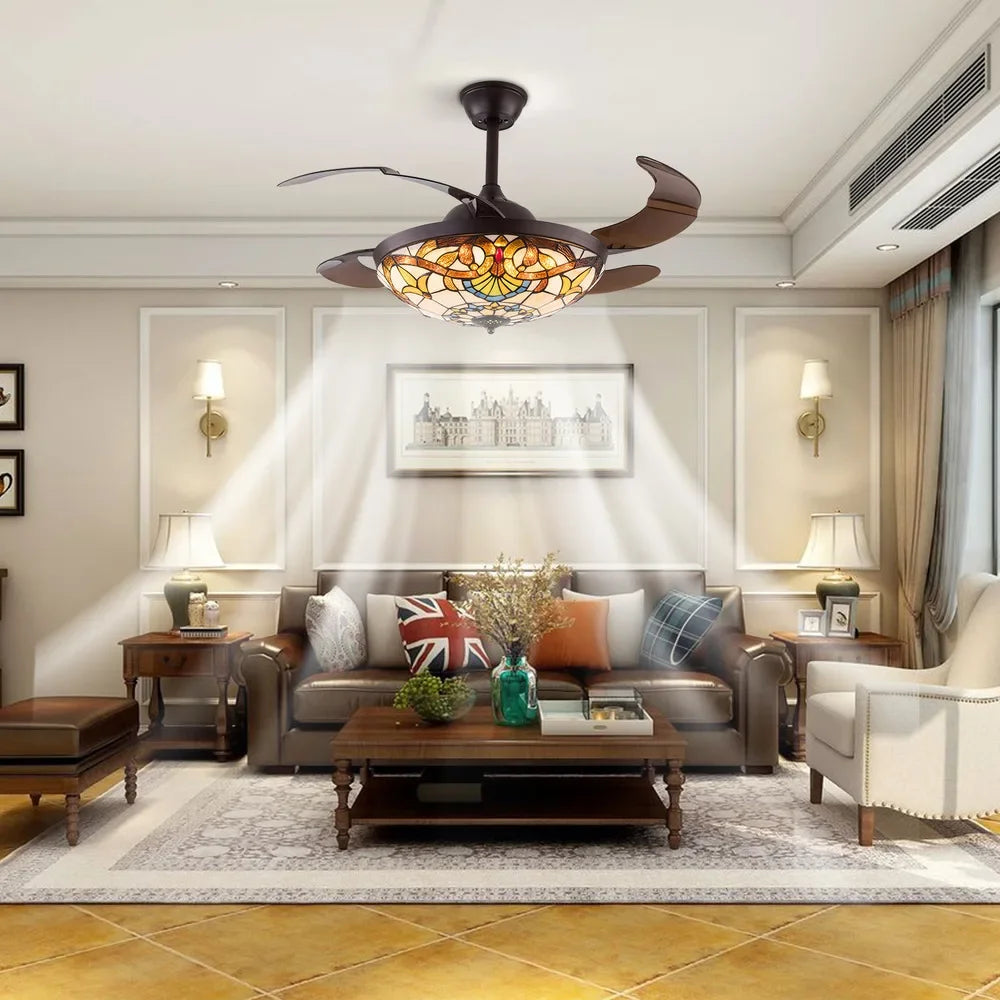 Bymaocar Tiffany Ceiling Fan With LED Light And Remote