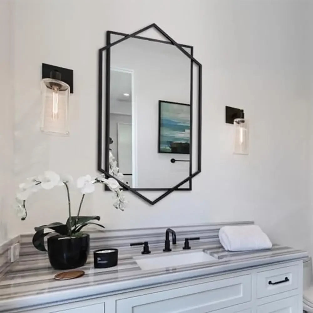 Dutrieux Hexagon Rectangular Black Metal Frame Wall Mirror Decor